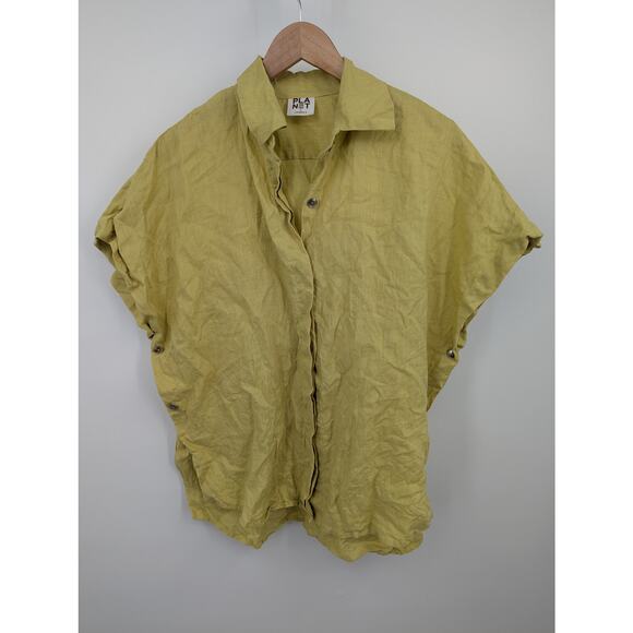 Planet by Lauren G 100% Linen Button Front Oversized Blouse Yellow Made in USA L - Picture 2 of 8